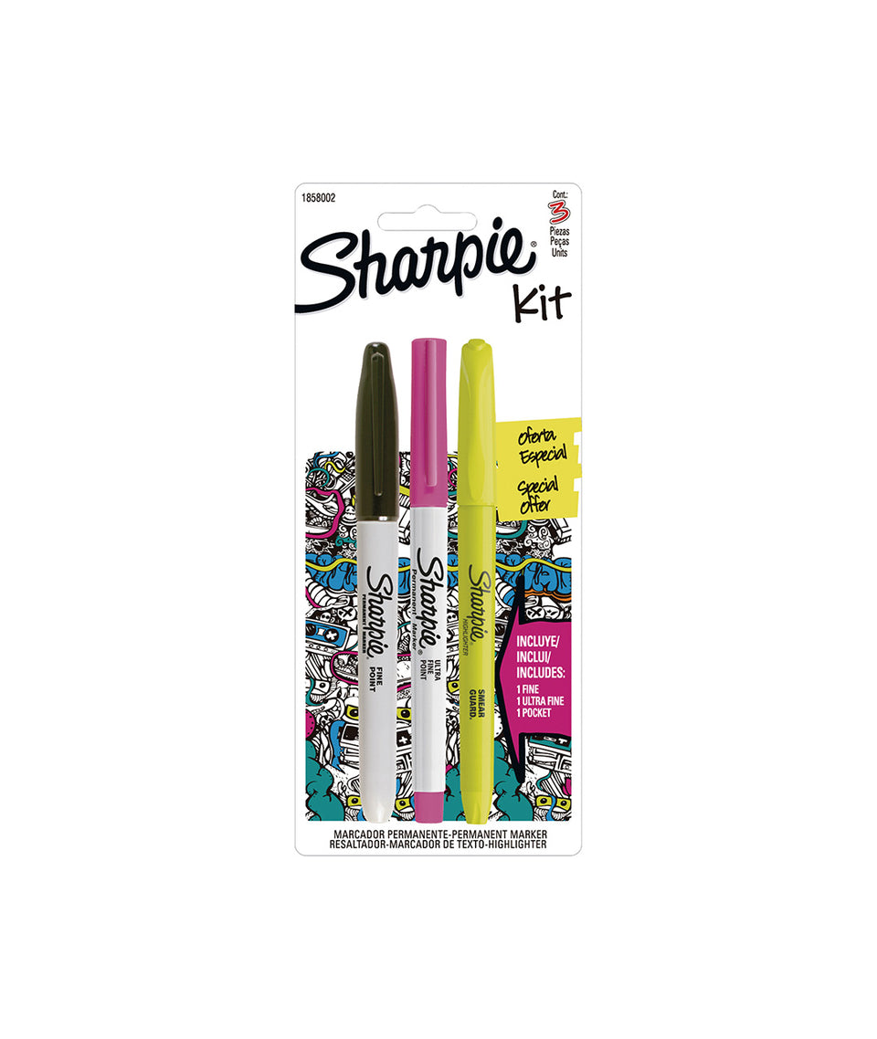 Juego de marcadores Sharpie kit fino ultrafino+resaltador (setx3)