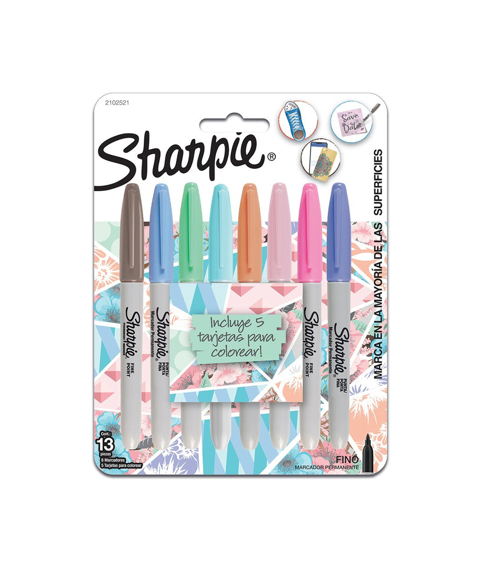 Juego de marcadores Sharpie punta fina pastel + 5 tarjetas (setx13)